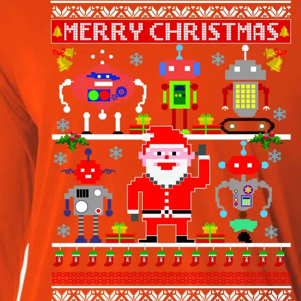 Retro Robotic Santa Ugly Christmas Sweater Cooling Performance Long Sleeve Crew