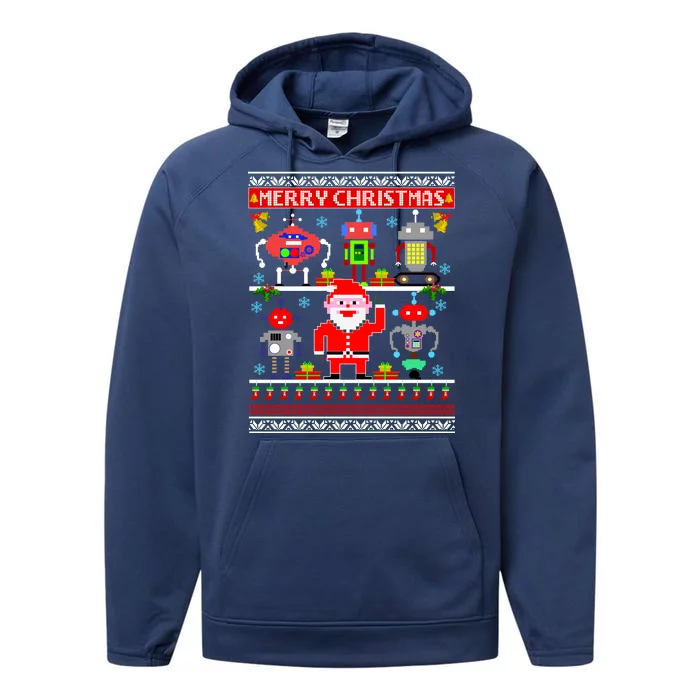 Retro Robotic Santa Ugly Christmas Sweater Performance Fleece Hoodie