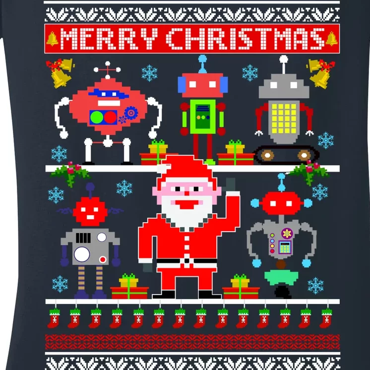 Retro Robotic Santa Ugly Christmas Sweater Women's V-Neck T-Shirt