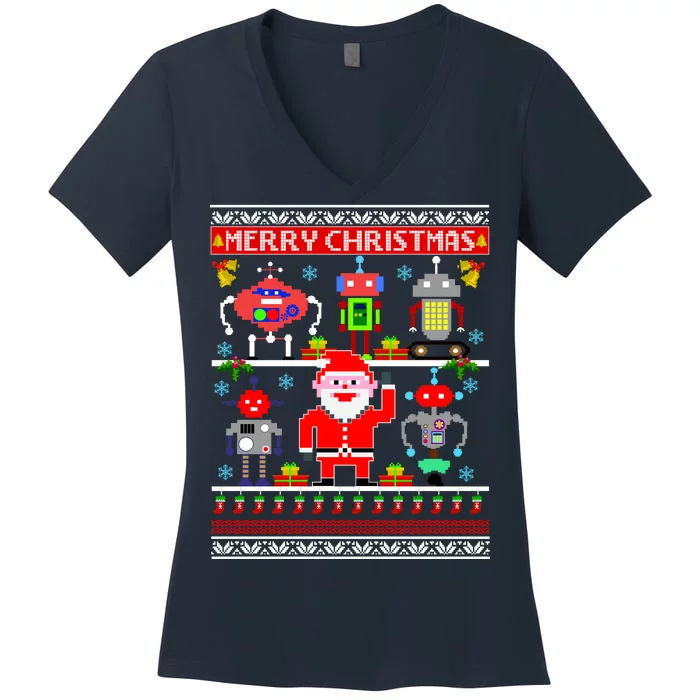 Retro Robotic Santa Ugly Christmas Sweater Women's V-Neck T-Shirt