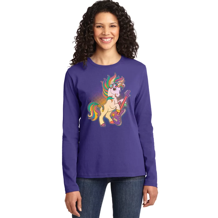 Retro Rocker Rainbow Unicorn Ladies Long Sleeve Shirt