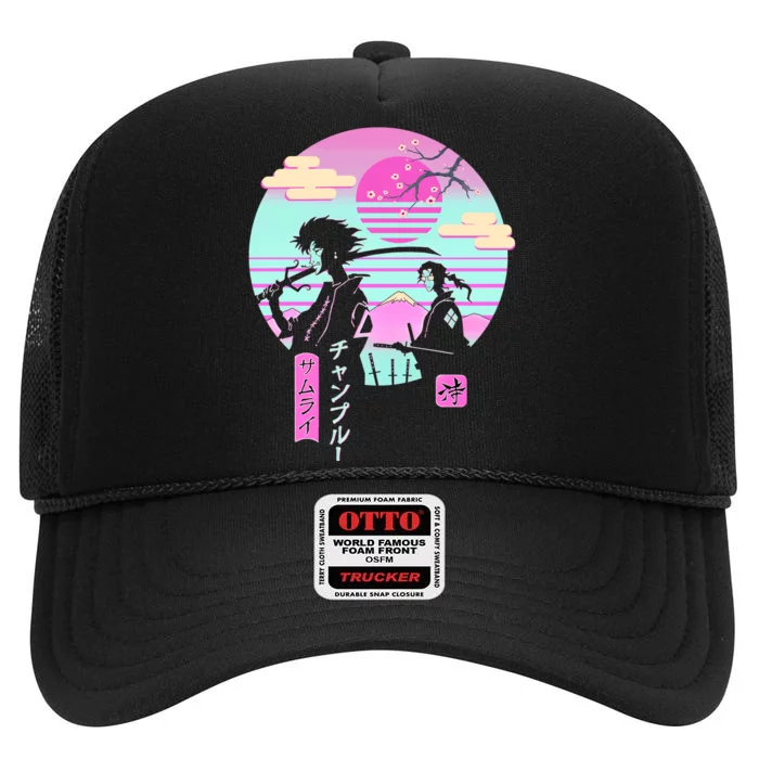 Retro Samurai Chillhop Anime High Crown Mesh Trucker Hat