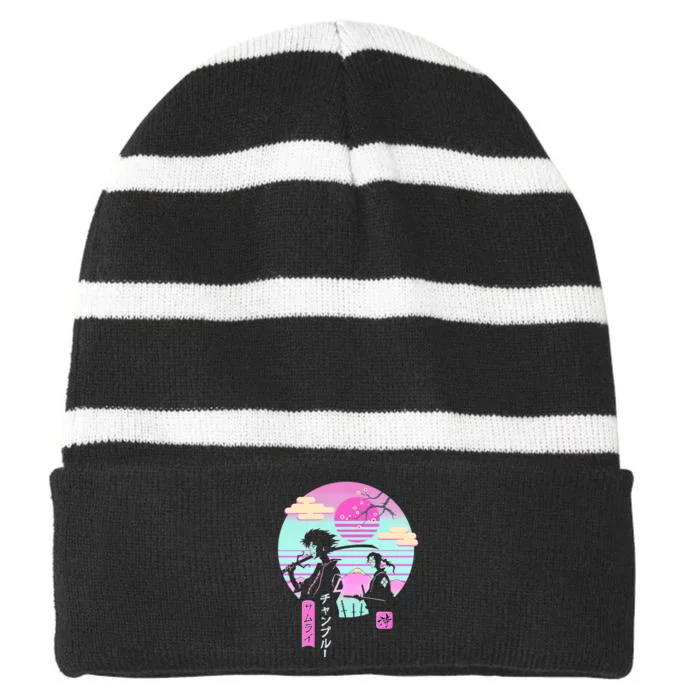 Retro Samurai Chillhop Anime Striped Beanie with Solid Band