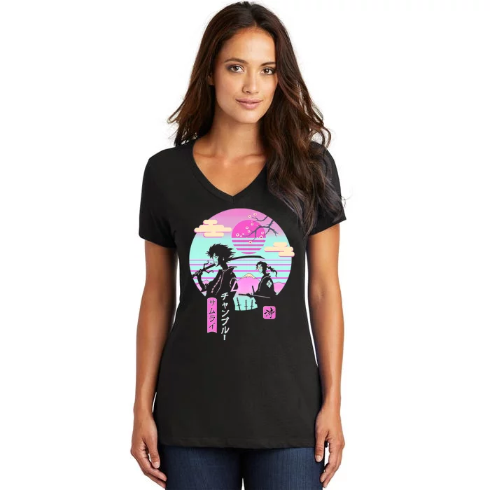 Retro Samurai Chillhop Anime Women's V-Neck T-Shirt