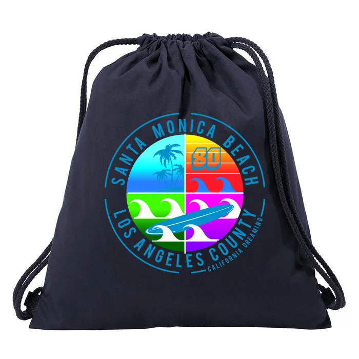 Retro Santa Monica Beach Drawstring Bag