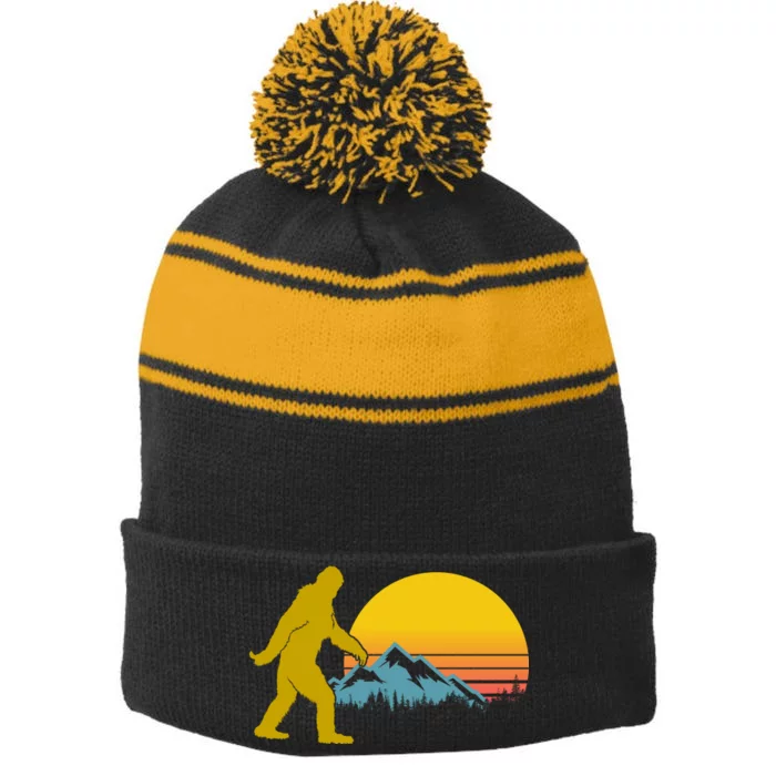 Retro Sasquatch Mountain Sunset Stripe Pom Pom Beanie