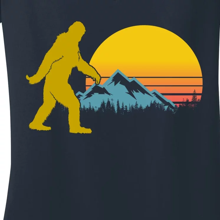 Retro Sasquatch Mountain Sunset Women's V-Neck T-Shirt