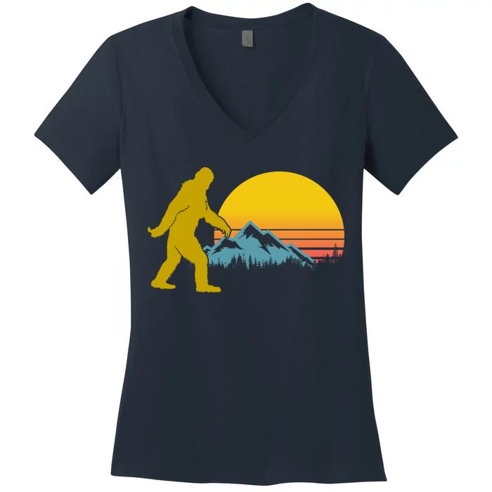 Retro Sasquatch Mountain Sunset Women's V-Neck T-Shirt