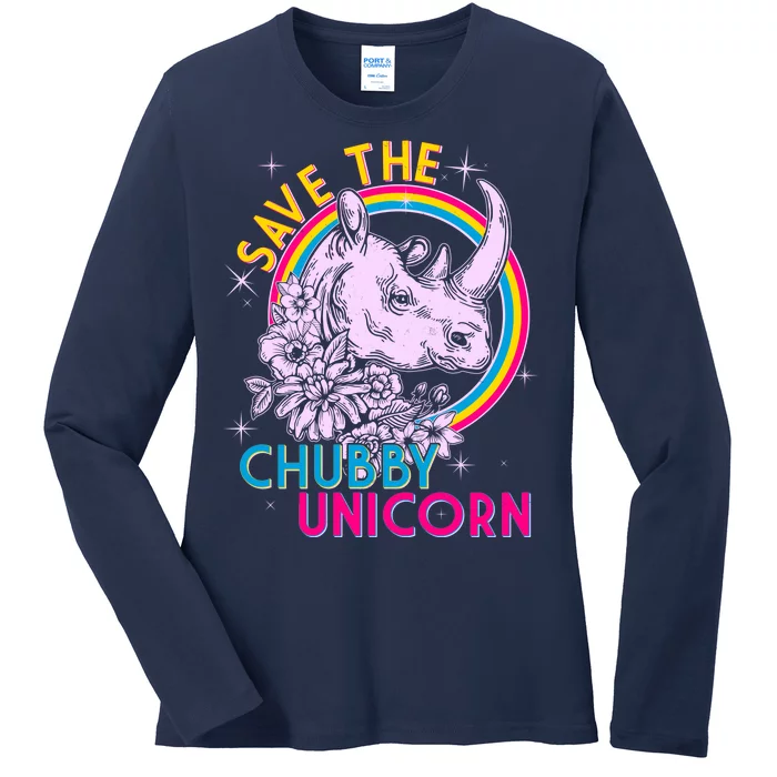 Retro Save the Chubby Unicorn Rhino Ladies Long Sleeve Shirt