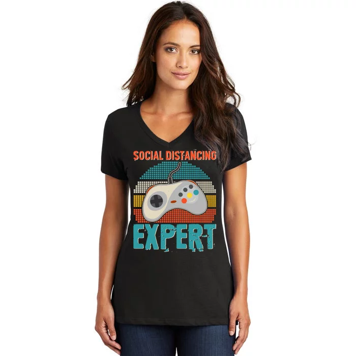 Retro Social Distancing Expert Video Gamer Women's V-Neck T-Shirt