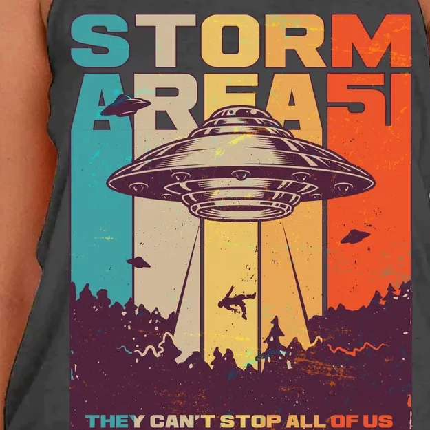 Retro Storm Area 51 UFO They Can't Stop Us All Women's Knotted Racerback Tank