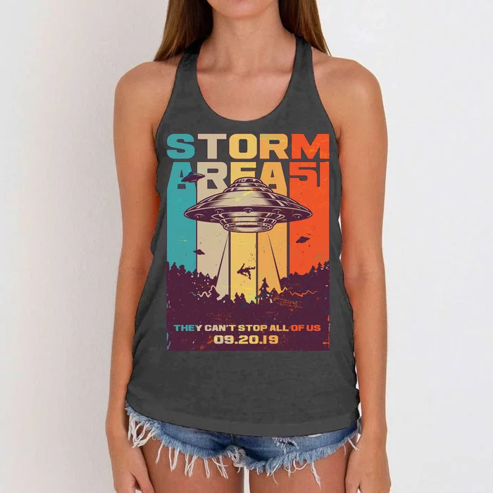 Retro Storm Area 51 UFO They Can't Stop Us All Women's Knotted Racerback Tank