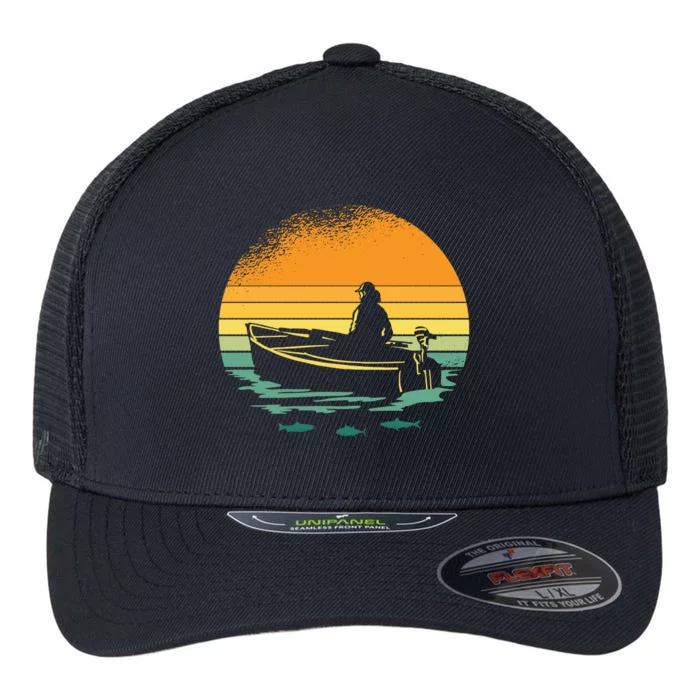 Retro Sunset Boat Flexfit Unipanel Trucker Cap