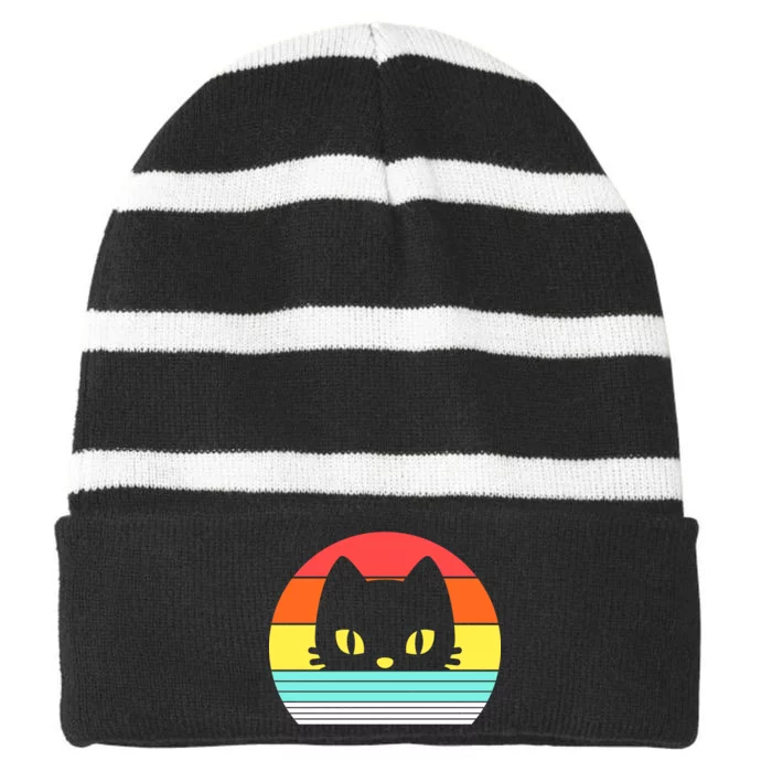 Retro Sunset Cat Striped Beanie with Solid Band