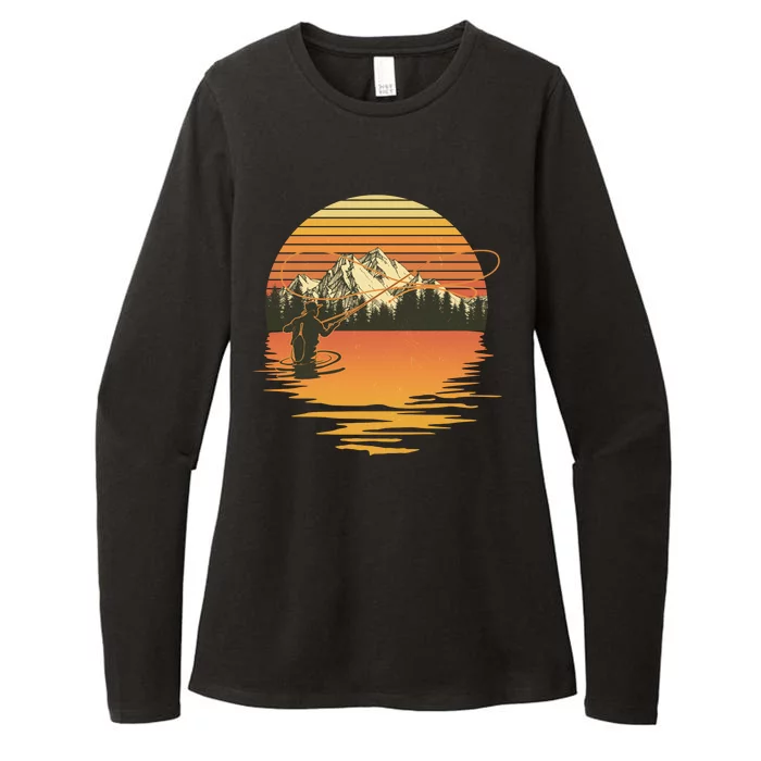 Retro Sunset Sunrise Fly Fisherman Womens CVC Long Sleeve Shirt