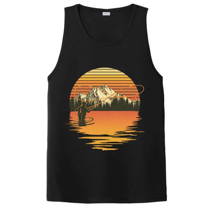 Retro Sunset Sunrise Fly Fisherman Performance Tank