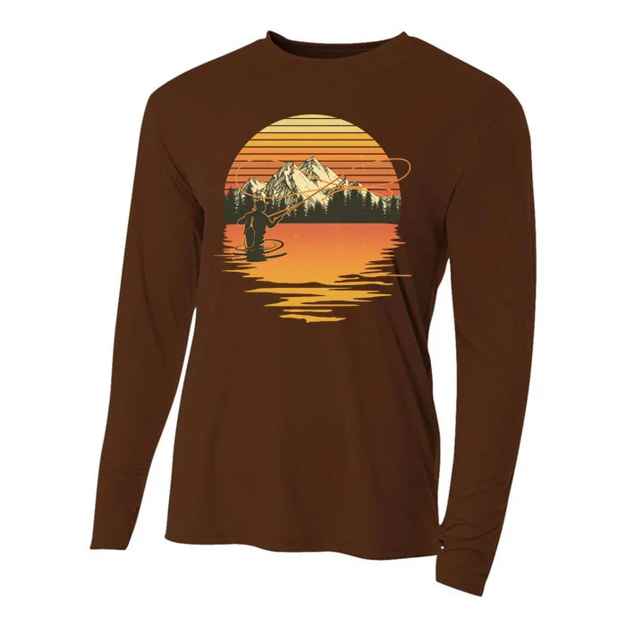 Retro Sunset Sunrise Fly Fisherman Cooling Performance Long Sleeve Crew