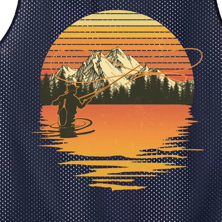 Retro Sunset Sunrise Fly Fisherman Mesh Reversible Basketball Jersey Tank