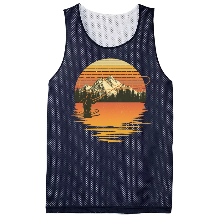 Retro Sunset Sunrise Fly Fisherman Mesh Reversible Basketball Jersey Tank