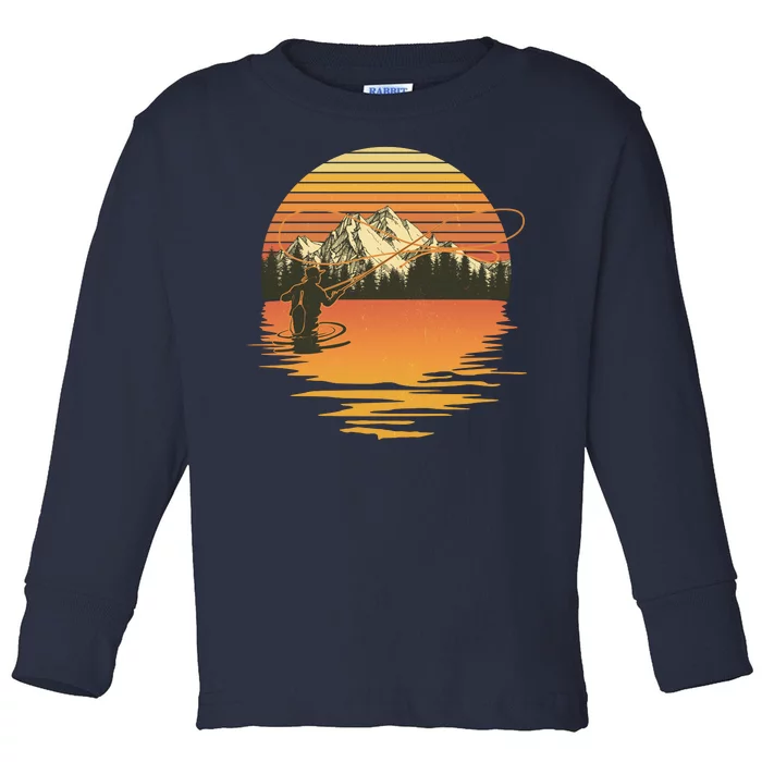 Retro Sunset Sunrise Fly Fisherman Toddler Long Sleeve Shirt