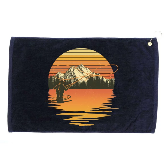 Retro Sunset Sunrise Fly Fisherman Grommeted Golf Towel