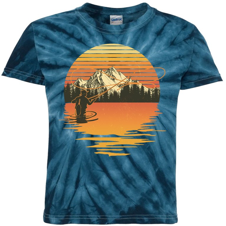 Retro Sunset Sunrise Fly Fisherman Kids Tie-Dye T-Shirt