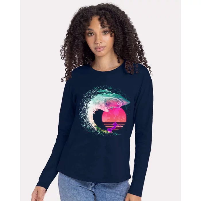 Retro Surfer Shark Wave Womens Cotton Relaxed Long Sleeve T-Shirt