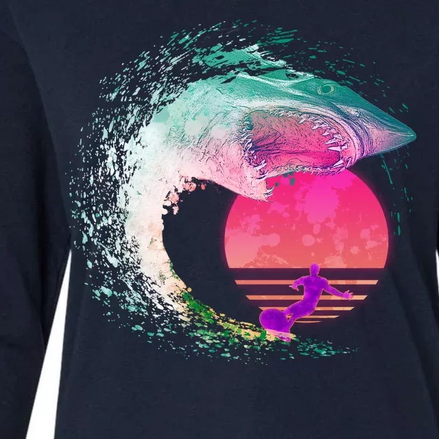 Retro Surfer Shark Wave Womens Cotton Relaxed Long Sleeve T-Shirt