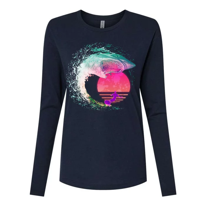 Retro Surfer Shark Wave Womens Cotton Relaxed Long Sleeve T-Shirt