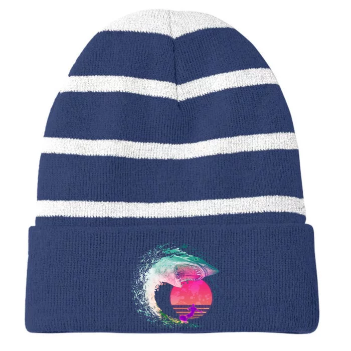 Retro Surfer Shark Wave Striped Beanie with Solid Band