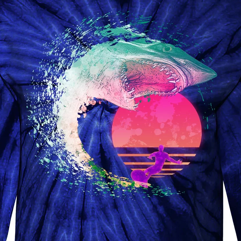 Retro Surfer Shark Wave Tie-Dye Long Sleeve Shirt