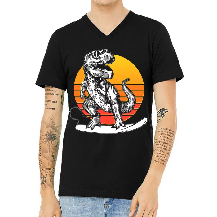 Retro Surfing T-Rex V-Neck T-Shirt