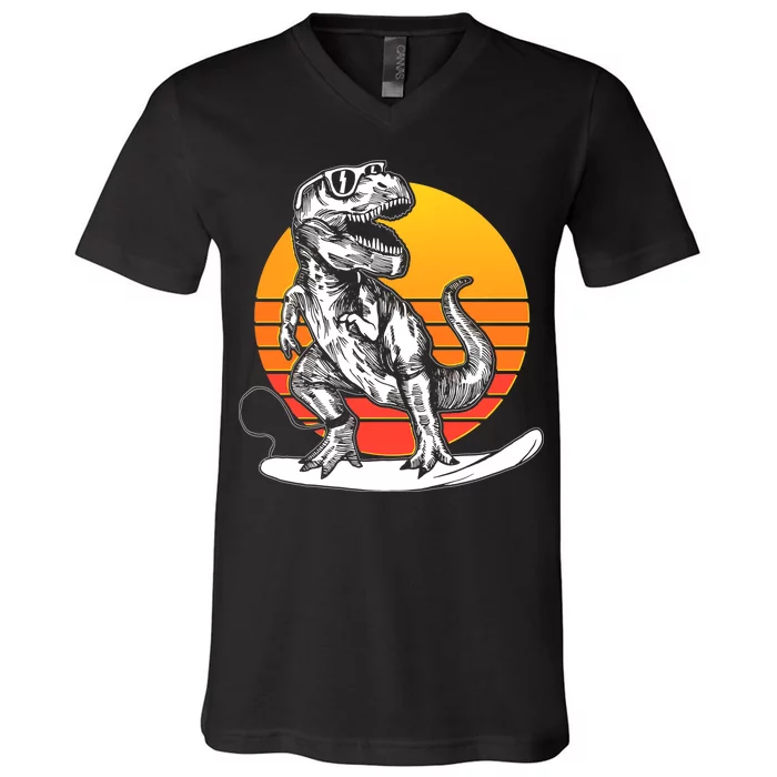 Retro Surfing T-Rex V-Neck T-Shirt