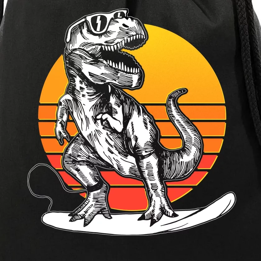 Retro Surfing T-Rex Drawstring Bag