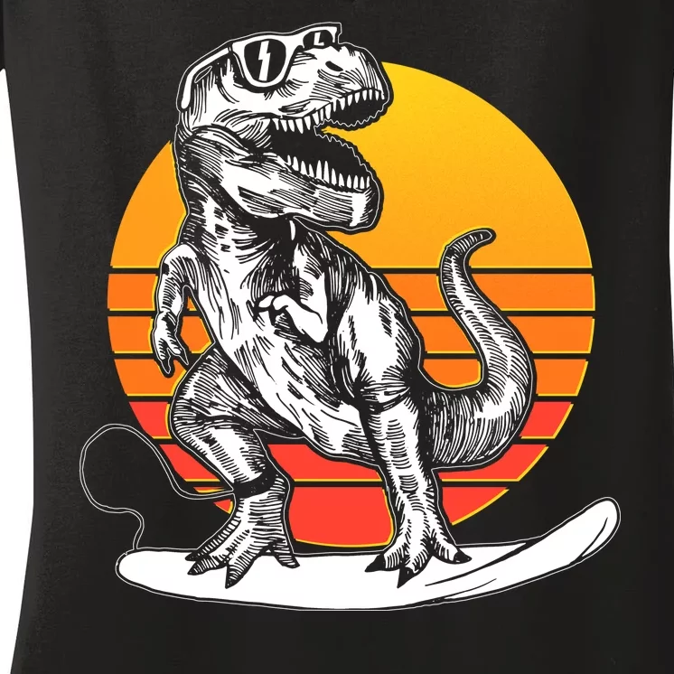 Retro Surfing T-Rex Women's V-Neck T-Shirt