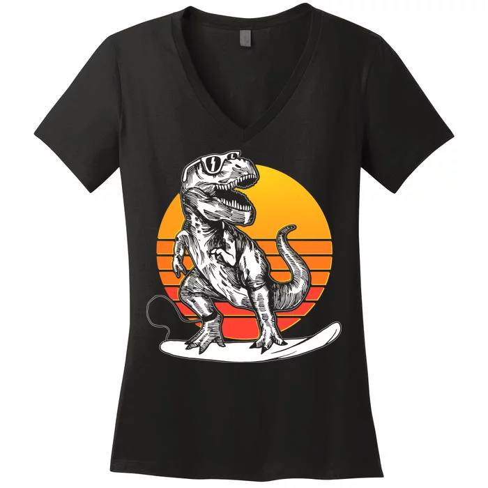 Retro Surfing T-Rex Women's V-Neck T-Shirt