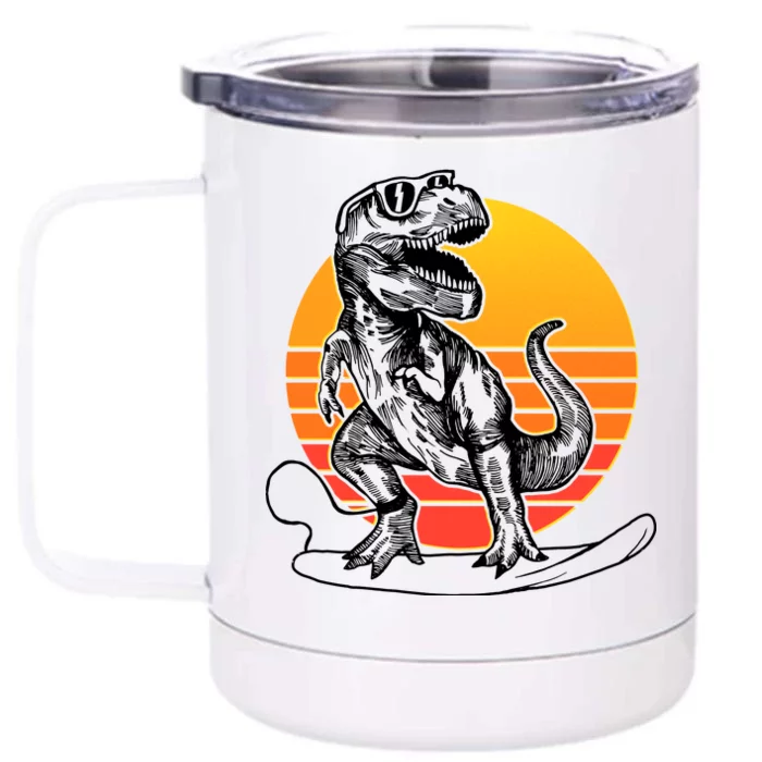 Retro Surfing T-Rex Front & Back 12oz Stainless Steel Tumbler Cup