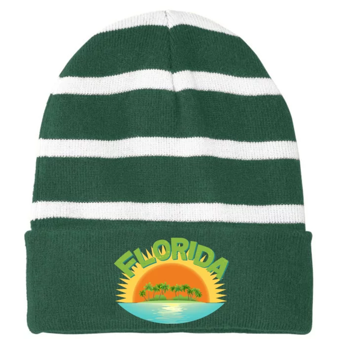 Retro Tropical Florida Coastline Striped Beanie with Solid Band