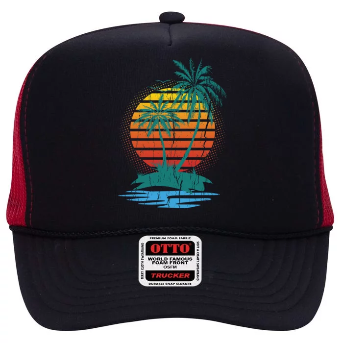 Retro Tropical Island High Crown Mesh Trucker Hat