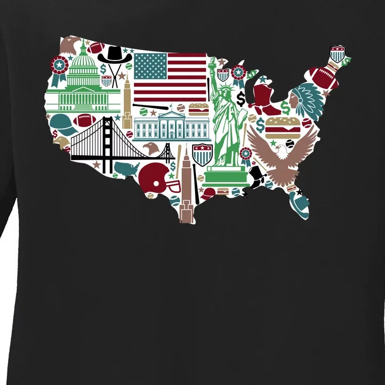 Retro USA State Map of America Ladies Long Sleeve Shirt