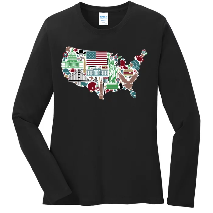 Retro USA State Map of America Ladies Long Sleeve Shirt