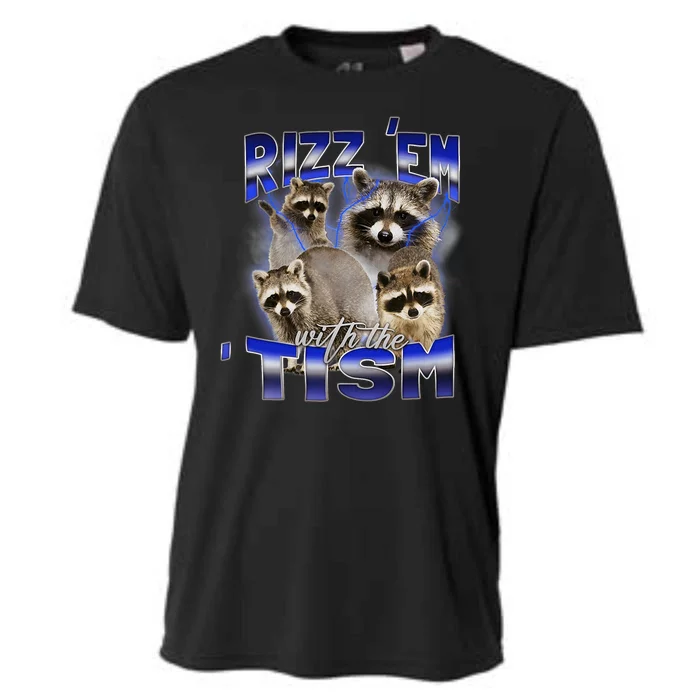 Rizz Em With The Tism Meme Autistic Racoon Funny Autism Cooling Performance Crew T-Shirt