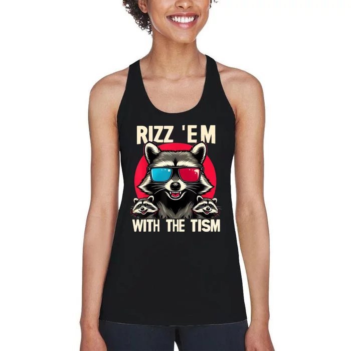 Rizz Em With The Tism Retro Vintage Raccoon Meme Women's Racerback Tank