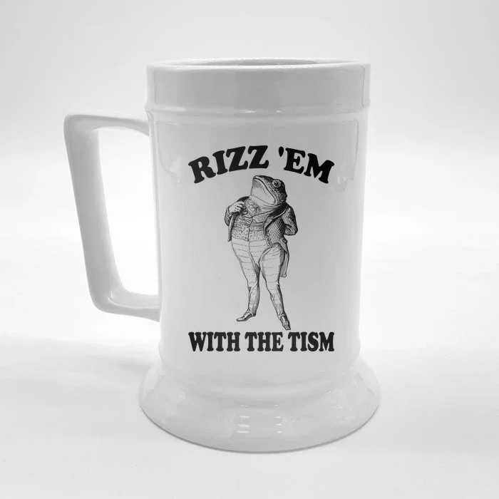 Rizz Em With The Tism Funny Meme Frog Front & Back Beer Stein