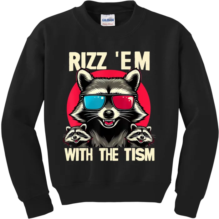 Rizz Em With The Tism Retro Vintage Raccoon Meme Kids Sweatshirt