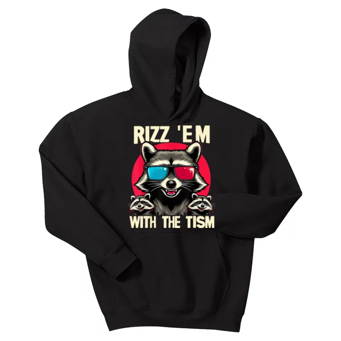 Rizz Em With The Tism Retro Vintage Raccoon Meme Kids Hoodie