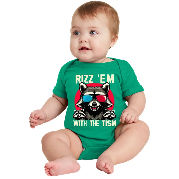 Rizz Em With The Tism Retro Vintage Raccoon Meme Baby Bodysuit