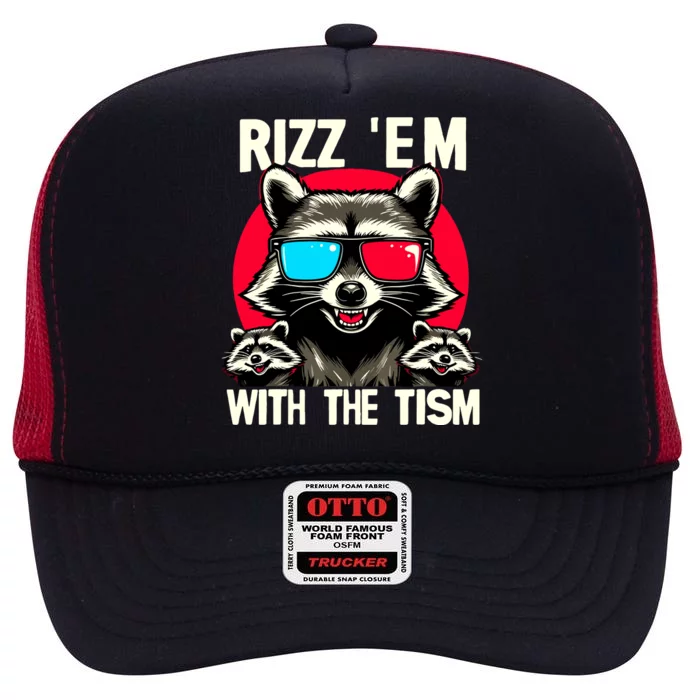 Rizz Em With The Tism Retro Vintage Raccoon Meme High Crown Mesh Trucker Hat