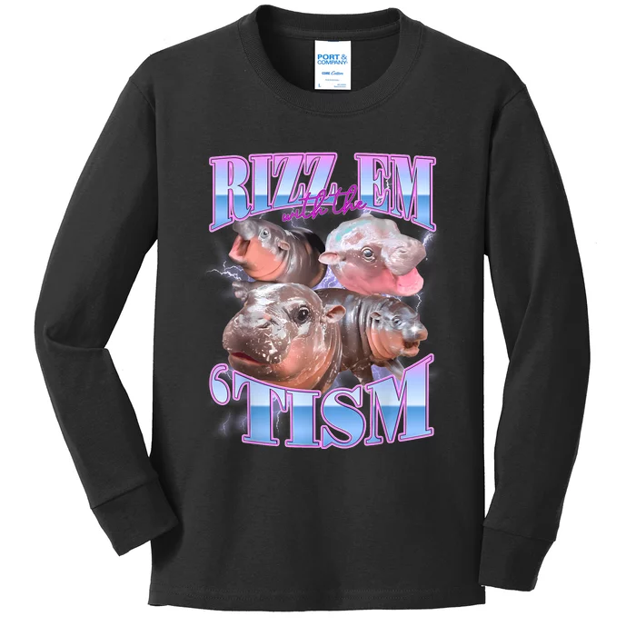 Rizz Em With The Tism Meme Moo Deng Kids Long Sleeve Shirt