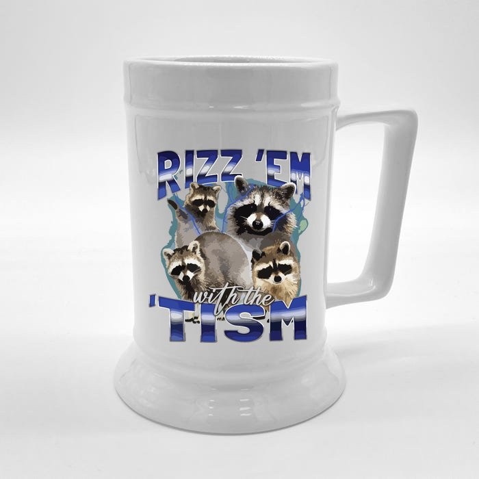 Rizz Em With The Tism Meme Autistic Racoon Funny Autism Front & Back Beer Stein